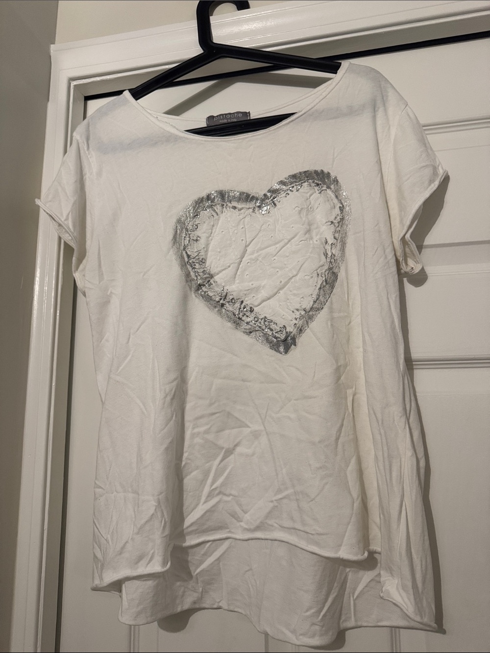 Women’s White Short Sleeve Tee with Silver Heart Graphic
